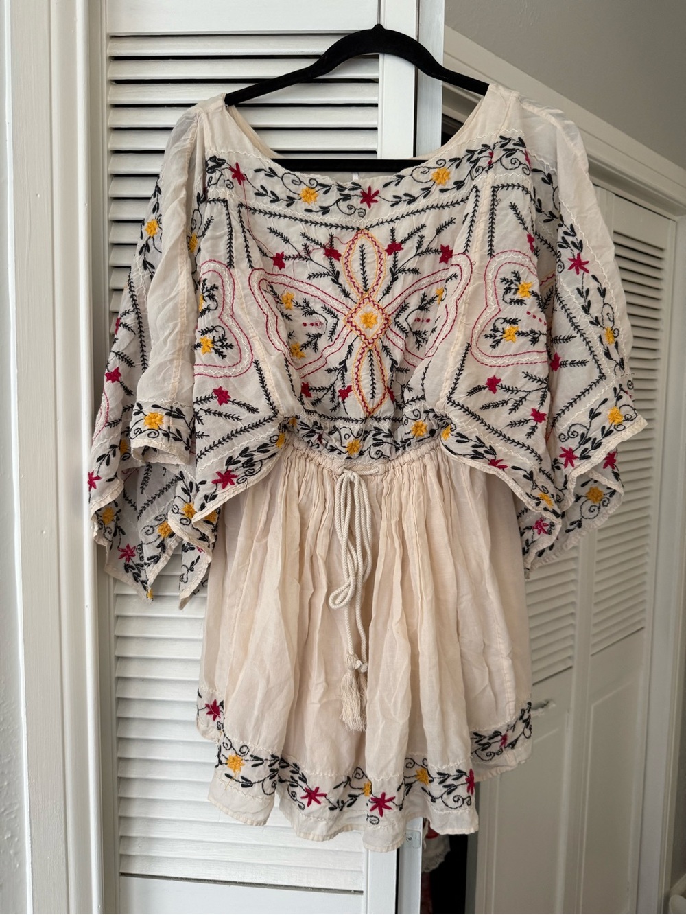 Free People Cream Mini Dress with Multicolor Floral Embroidery